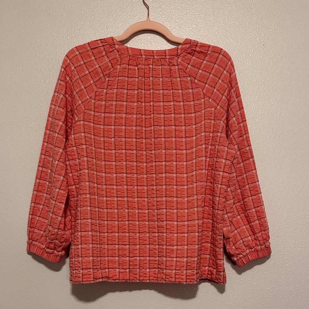L.L. Bean Coral Plaid V-Notch Tunic Top - Picture 7 of 7